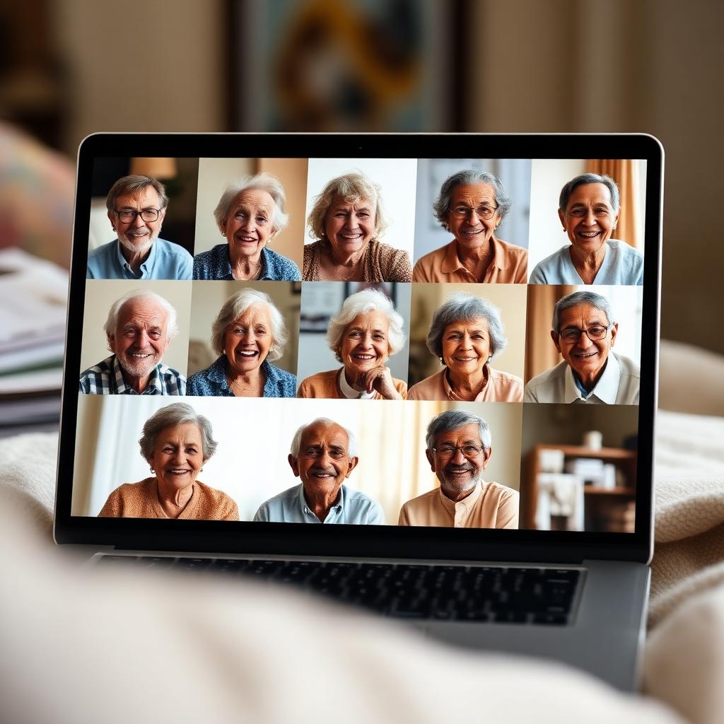 Tela de computador mostrando uma roda de conversa em vídeo com vários idosos sorridentes em suas casas